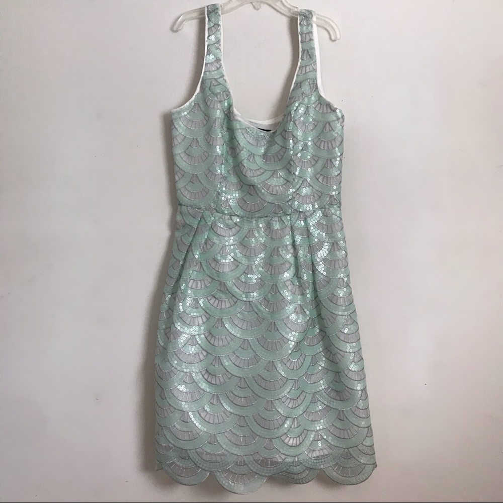 Bebe XXS Teal/White/Silver Sequin Dress